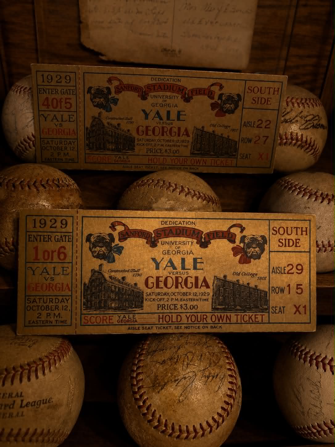 Two 1929 Sanford Stadium Yale versus Georgia tickets displayed with vintage baseballs